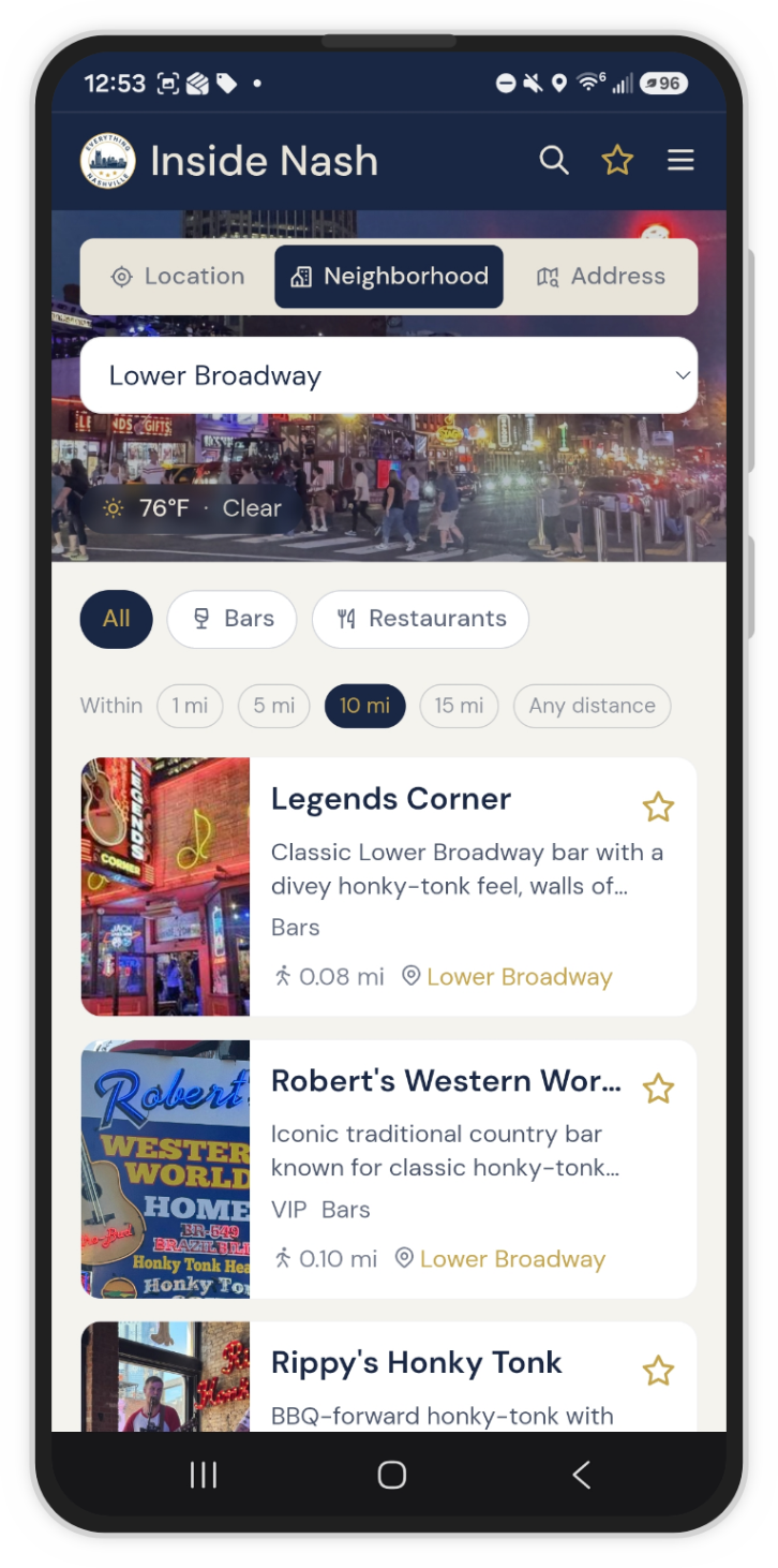 InsideNash app showing Nashville bars and restaurants near you, sorted by walking distance