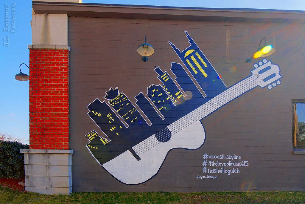 Acoustic Skyline mural of the Nashville skyline blended into a guitar, by Allison Johnson
