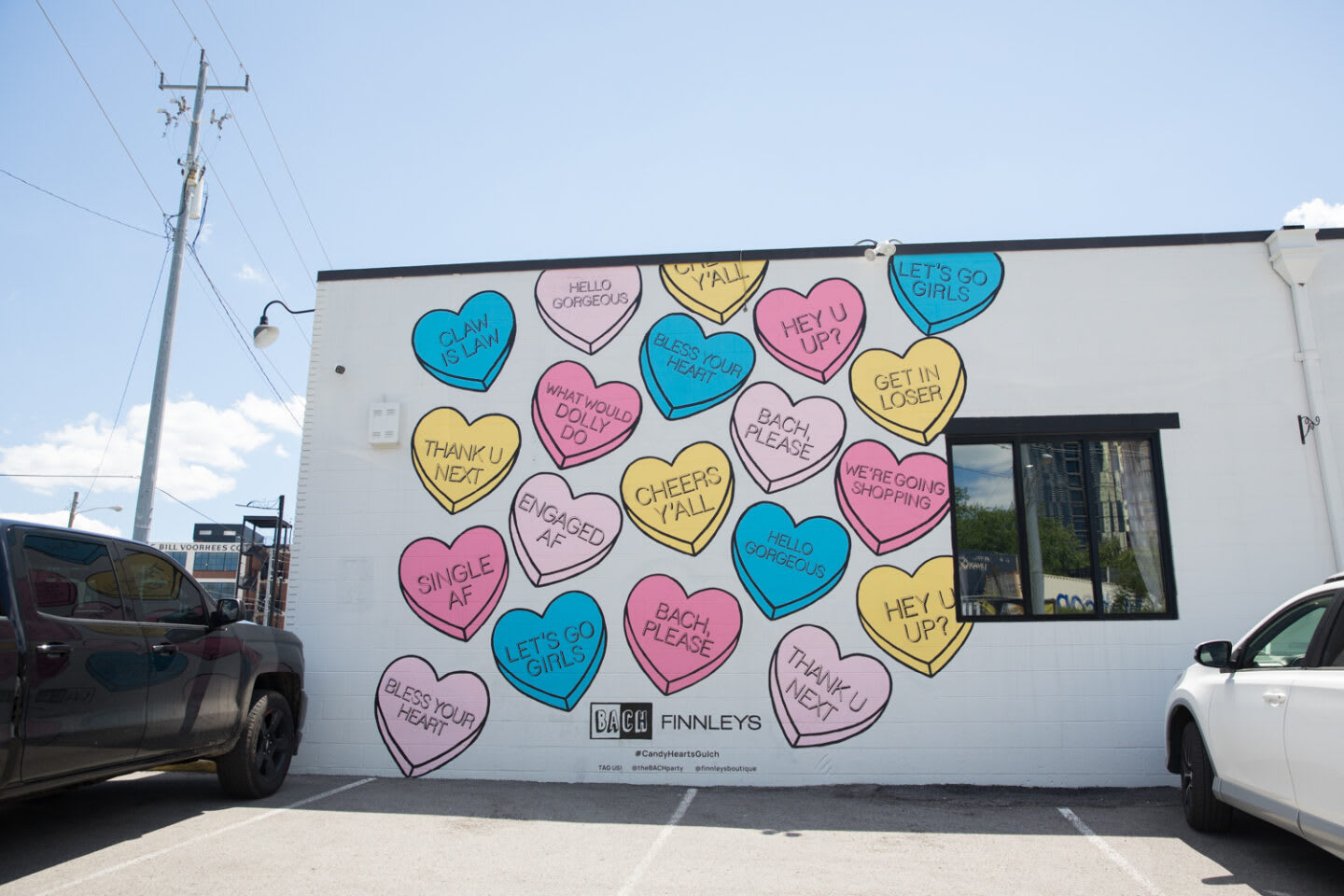 Candy Hearts mural with colorful conversation hearts in The Gulch, Nashville