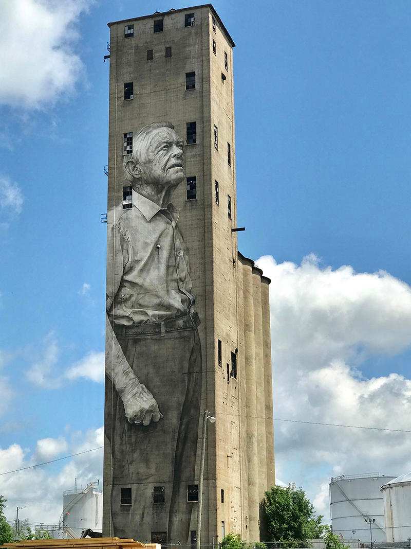 Silo Mural portrait of Lee Estes by Guido van Helten on a 15-story grain silo in The Nations, Nashville